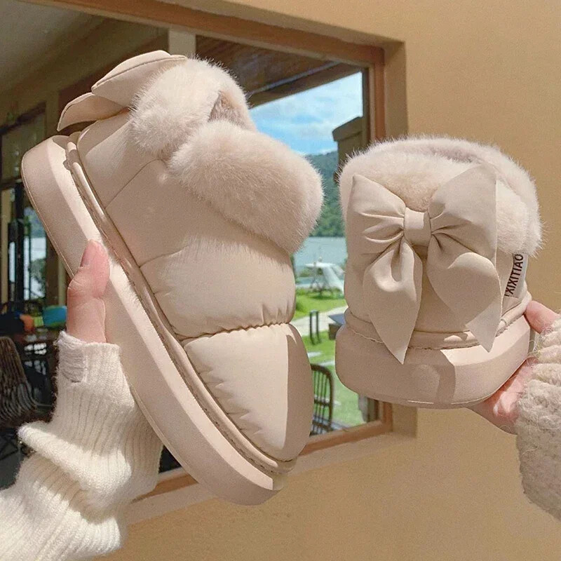 Ženske čizme za snijeg Zimske tople debele čizme za gležnjeve za vanjsku upotrebu protiv klizanja Pamučne cipele s krznenom mašnom Udobne vodootporne plišane čizme