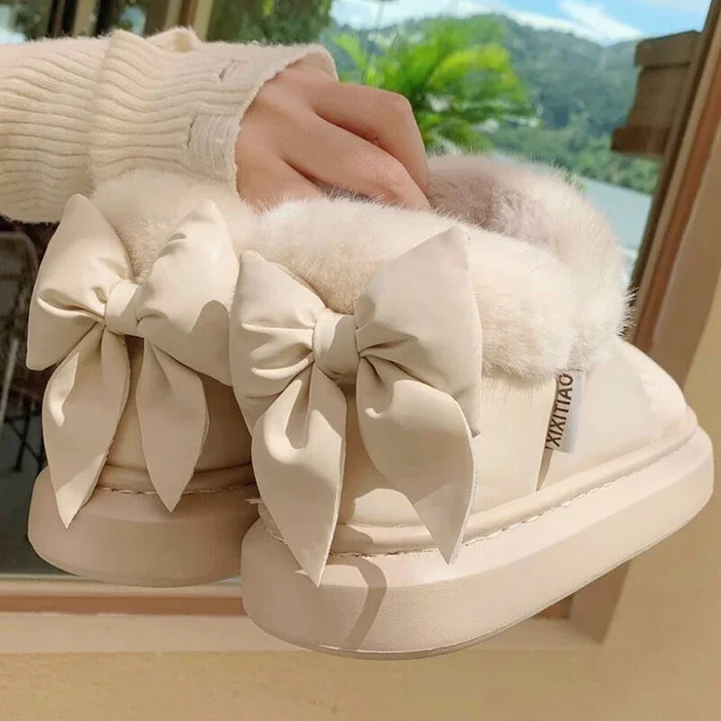 Ženske čizme za snijeg Zimske tople debele čizme za gležnjeve za vanjsku upotrebu protiv klizanja Pamučne cipele s krznenom mašnom Udobne vodootporne plišane čizme