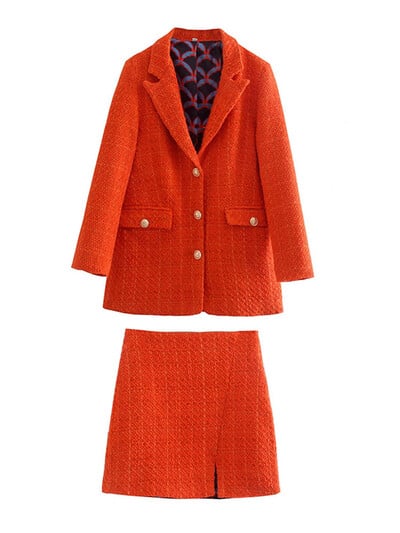 XEASY Costum retro roșu din tweed pentru femei 2022, la modă de primăvară, ocazional, la birou, blazer subțire pentru femei, fustă cu talie înaltă, set 2 piese