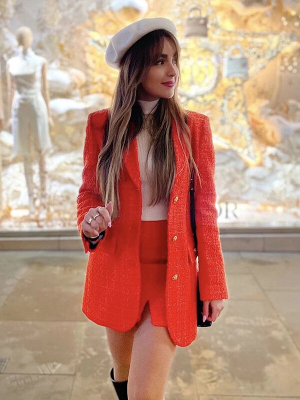 XEASY Costum retro roșu din tweed pentru femei 2022, la modă de primăvară, ocazional, la birou, blazer subțire pentru femei, fustă cu talie înaltă, set 2 piese