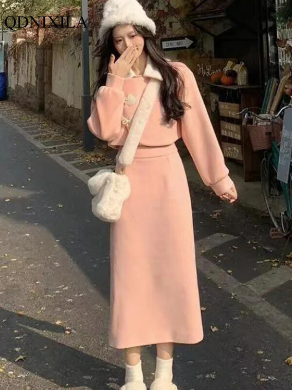 Jesen Zima Novo žensko elegantno odijelo Kompleti od 2 komada Slatki modni kratki kaput od tvida visokog struka Uske suknje Ženska odjeća
