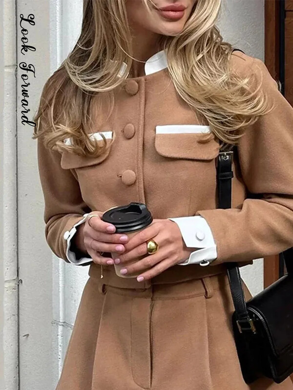 Tweed õhuke mantel lühike seelikukomplekt, naiste kontrastnööbid, pikkade varrukatega miniseelik, 2-osaline ülikond, naistele 2024. aasta kevad uus daami komplekt