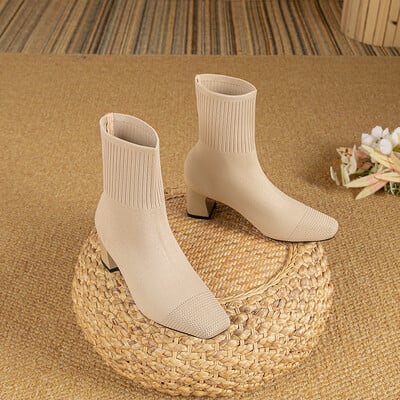 Ženske čizme 2023, nova moda, meke pletene udobne ležerne cipele sa šiljcima (visina potpetice 5,5 cm, broj malo manji)