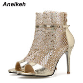 Anekeh Fashion Spring Gold Glitter Rhinestone võrgust pahkluu sandaalid Saapad Kõrged kontsad Seksikad papud Peep-toe Pumps Naiste peokingad