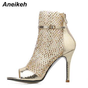 Aneikeh Fashion Spring Gold Glitter Rhinestone Mesh Σανδάλια στον αστράγαλο Μπότες Ψηλοτάκουνες Σέξι μποτάκια Peep-toe Pumps Lady Party παπούτσια