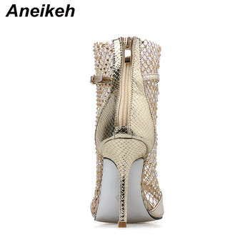 Aneikeh Fashion Spring Gold Glitter Rhinestone Mesh Σανδάλια στον αστράγαλο Μπότες Ψηλοτάκουνες Σέξι μποτάκια Peep-toe Pumps Lady Party παπούτσια