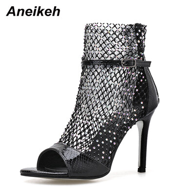 Anekeh Fashion Spring Gold Glitter Rhinestone võrgust pahkluu sandaalid Saapad Kõrged kontsad Seksikad papud Peep-toe Pumps Naiste peokingad