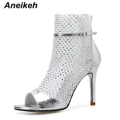 Anekeh Fashion Spring Gold Glitter Rhinestone võrgust pahkluu sandaalid Saapad Kõrged kontsad Seksikad papud Peep-toe Pumps Naiste peokingad