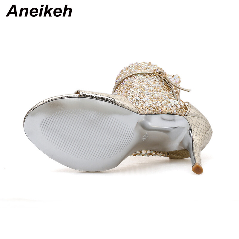 Anekeh Fashion Spring Gold Glitter Rhinestone võrgust pahkluu sandaalid Saapad Kõrged kontsad Seksikad papud Peep-toe Pumps Naiste peokingad