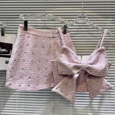 Set de două piese din tweed de înaltă calitate, fără mâneci, cu fundă mare, cu diamante, camisolă, crop top, mini fustă bodycon, costume dulci Seturi de 2 piese