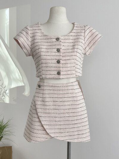 Korejski modni mali mirisni ženski odijela od tvida Elegantne skraćene majice kratkih rukava + dvodijelni komplet asimetrične mini suknje 2024.