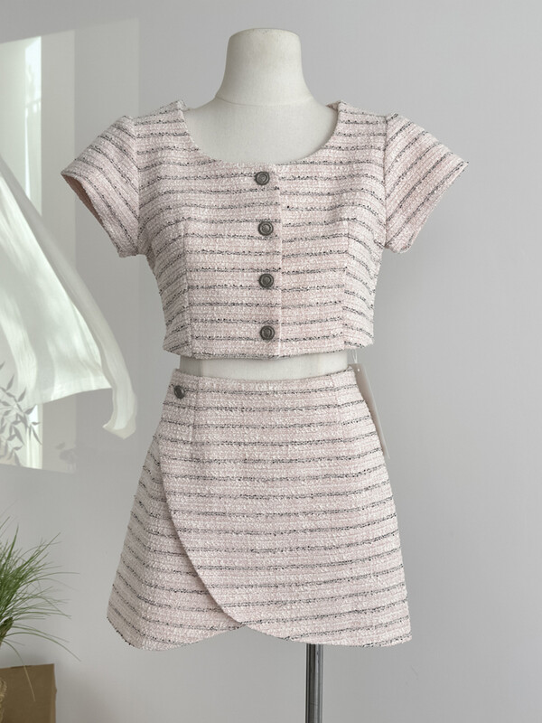 Korejski modni mali mirisni ženski odijela od tvida Elegantne skraćene majice kratkih rukava + dvodijelni komplet asimetrične mini suknje 2024.