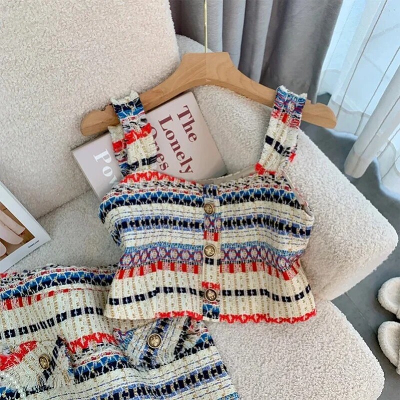 Seksi 2-dijelni komplet s prugama od tvida Elegantna ženska kratka vesta Kratka nova ljetna majica + suknja A-kroja Vintage dvodijelni komplet suknji