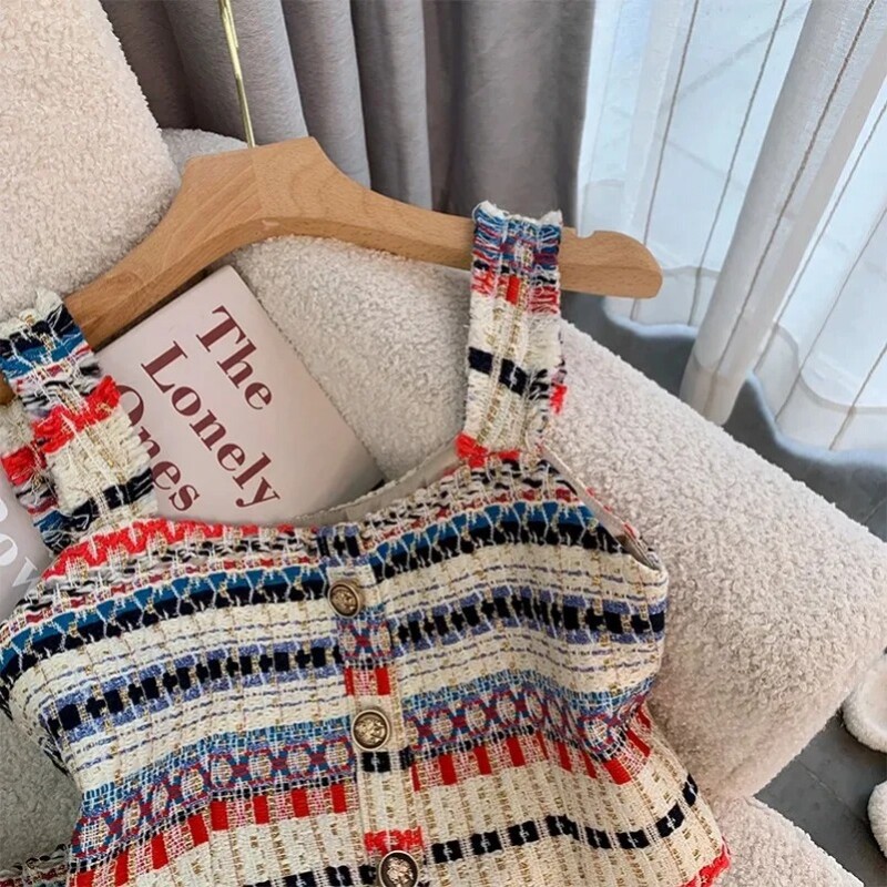 Seksi 2-dijelni komplet s prugama od tvida Elegantna ženska kratka vesta Kratka nova ljetna majica + suknja A-kroja Vintage dvodijelni komplet suknji