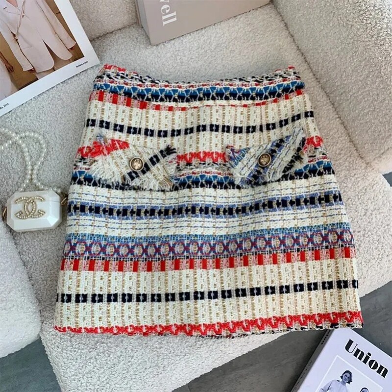 Seksi 2-dijelni komplet s prugama od tvida Elegantna ženska kratka vesta Kratka nova ljetna majica + suknja A-kroja Vintage dvodijelni komplet suknji