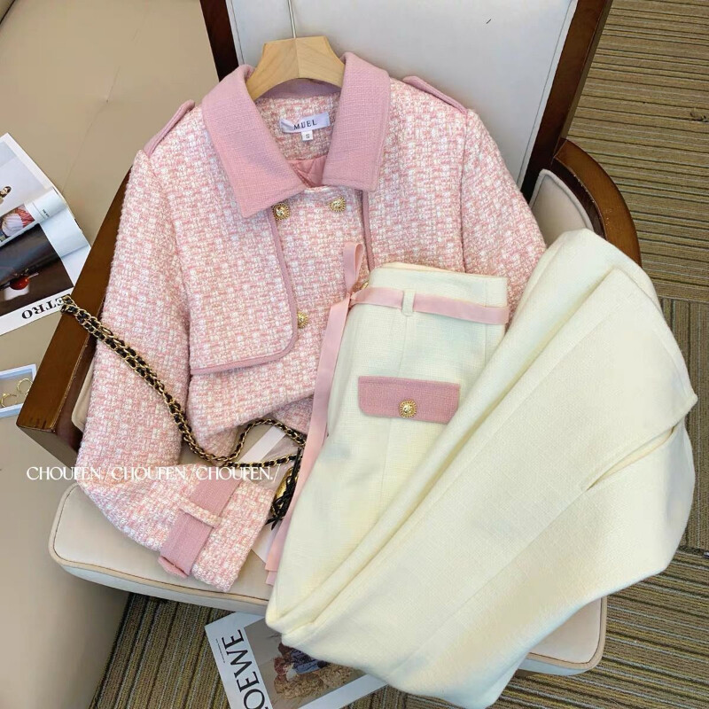 Kompleti hlača Trenirka od 2 dijela Proljeće Jesen Ružičasta jakna od tvida Hlače širokih nogavica Femme Novi karirani kaput Vuneni kroj na rever