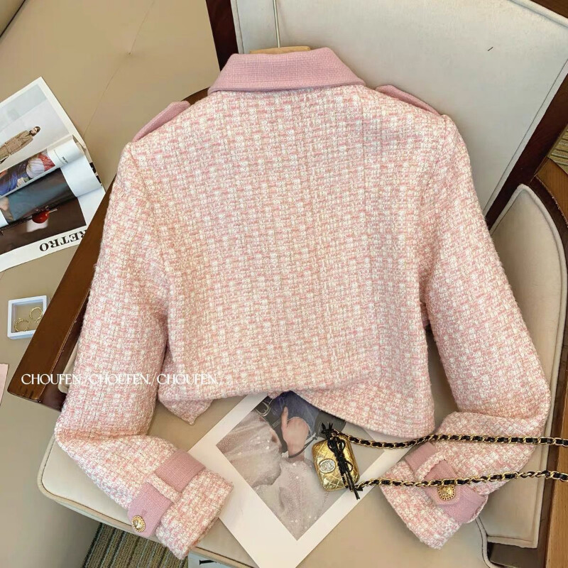 Kompleti hlača Trenirka od 2 dijela Proljeće Jesen Ružičasta jakna od tvida Hlače širokih nogavica Femme Novi karirani kaput Vuneni kroj na rever