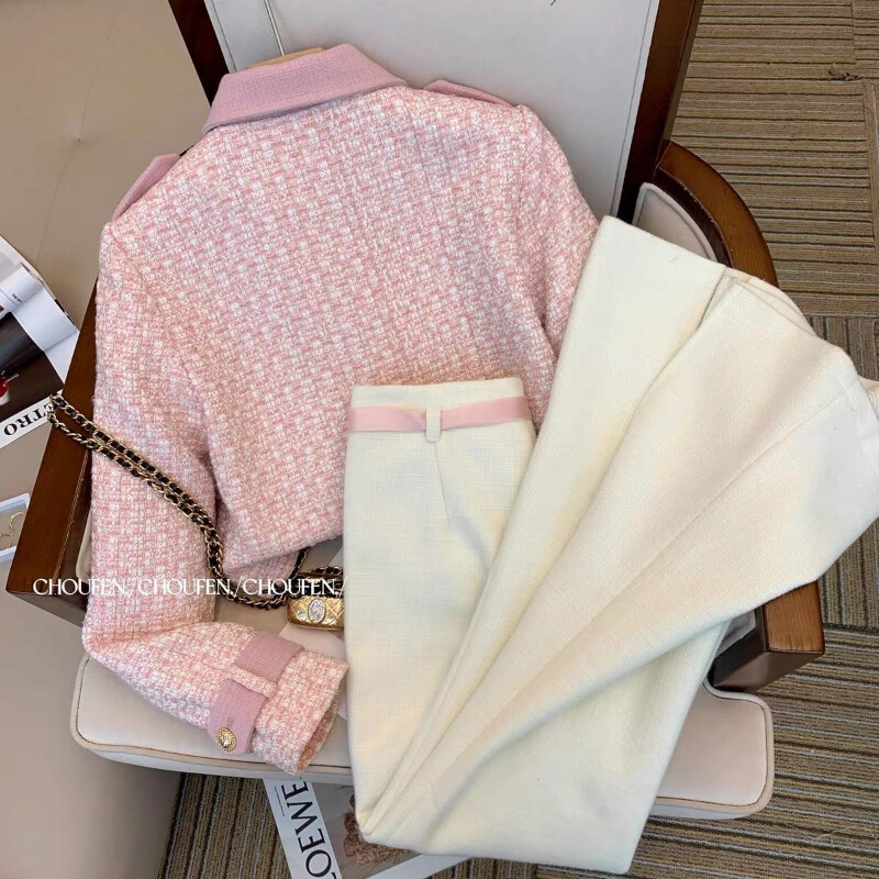 Kompleti hlača Trenirka od 2 dijela Proljeće Jesen Ružičasta jakna od tvida Hlače širokih nogavica Femme Novi karirani kaput Vuneni kroj na rever