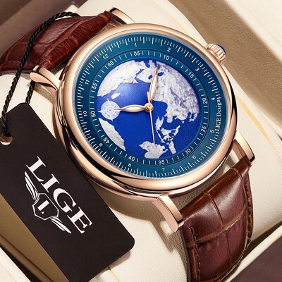 2024 LIGE Ceasuri Bărbați Moda Blue Planet Creative Earth Ceas de mână cu quartz Ceas sport din piele pentru bărbați Ceas Relogio Masculino