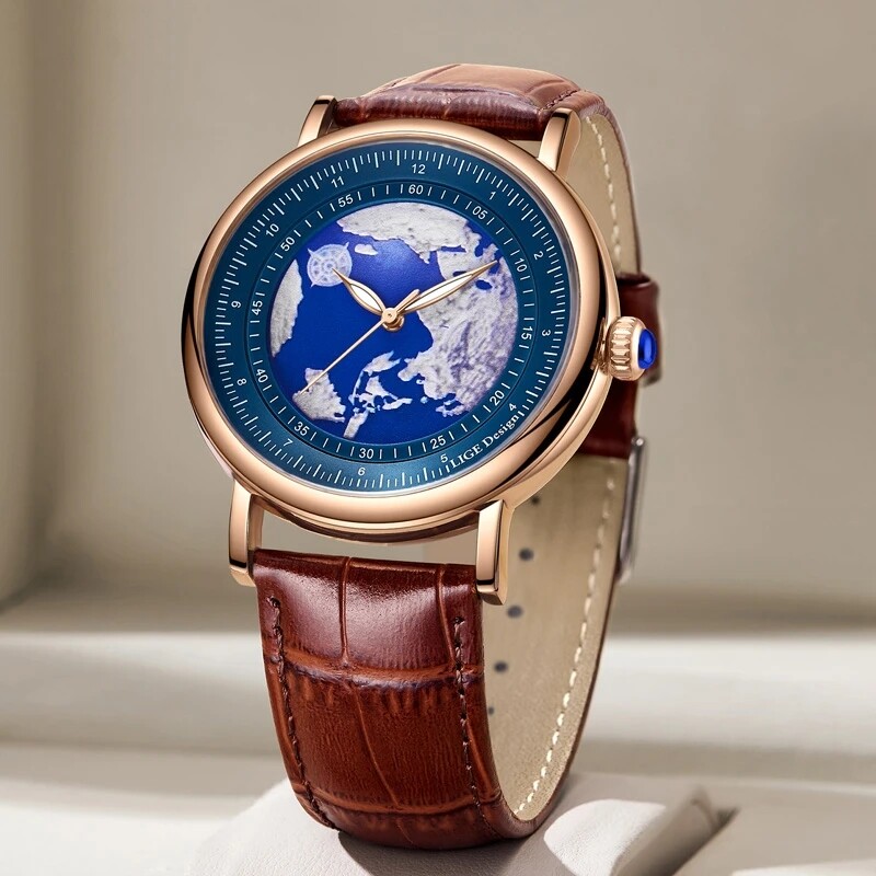 2024 LIGE Ceasuri Bărbați Moda Blue Planet Creative Earth Ceas de mână cu quartz Ceas sport din piele pentru bărbați Ceas Relogio Masculino