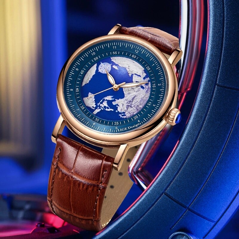 2024 LIGE Ceasuri Bărbați Moda Blue Planet Creative Earth Ceas de mână cu quartz Ceas sport din piele pentru bărbați Ceas Relogio Masculino