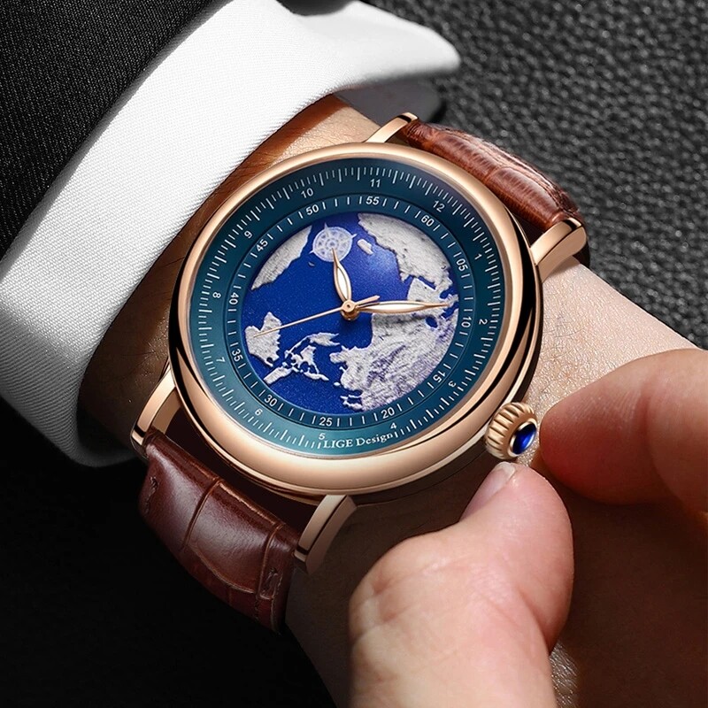 2024 LIGE Ceasuri Bărbați Moda Blue Planet Creative Earth Ceas de mână cu quartz Ceas sport din piele pentru bărbați Ceas Relogio Masculino