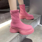 Ροζ γυναικείες ελαστικές μπότες Νέα παπούτσια Slip on Fashion Γυναικεία κάλτσα με Wedges Παπούτσια Υποδήματα Πλατφόρμα Botines Mujer Ankle Boots