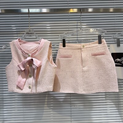 PREPOMP 2024. Ljeto bez rukava, jednoredno kopčanje, mašna, povez, prsluk od tvida, kratka suknja, dvodijelni komplet ženske odjeće GR421