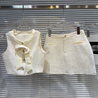 PREPOMP 2024. Ljeto bez rukava, jednoredno kopčanje, mašna, povez, prsluk od tvida, kratka suknja, dvodijelni komplet ženske odjeće GR421