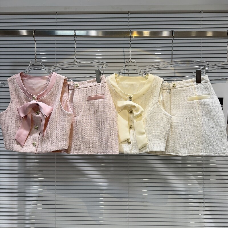 PREPOMP 2024. Ljeto bez rukava, jednoredno kopčanje, mašna, povez, prsluk od tvida, kratka suknja, dvodijelni komplet ženske odjeće GR421