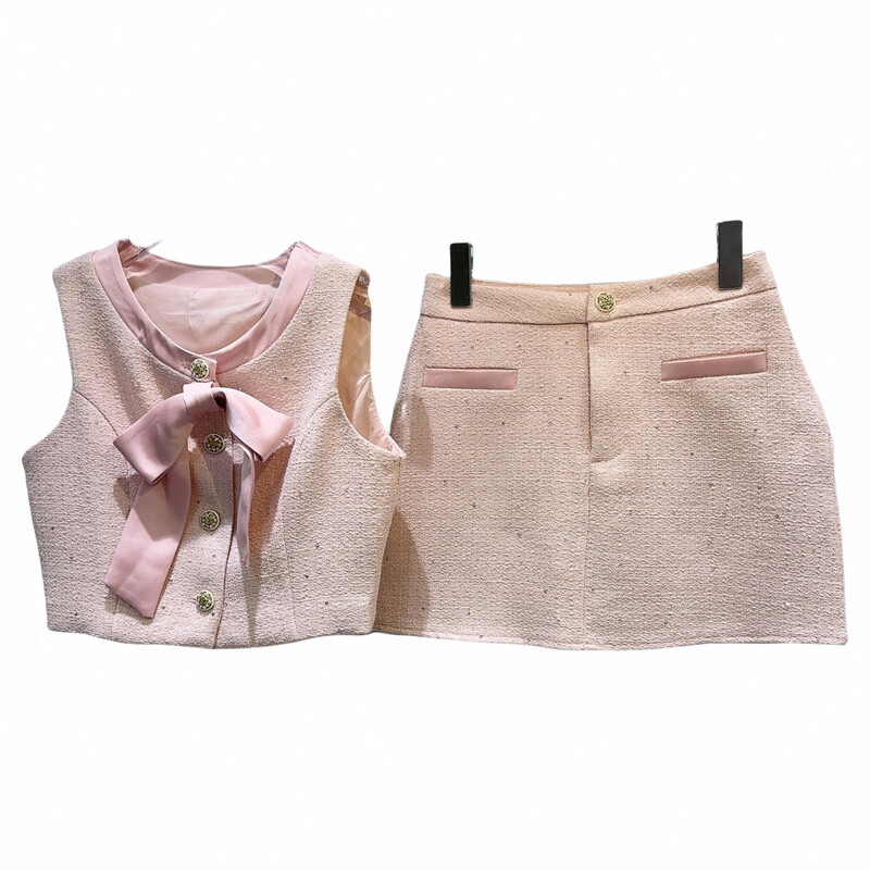 PREPOMP 2024. Ljeto bez rukava, jednoredno kopčanje, mašna, povez, prsluk od tvida, kratka suknja, dvodijelni komplet ženske odjeće GR421