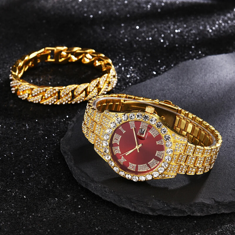 2 tk käevõru Hip Hop roostevabast terasest kullavärvi kalender meeste käekell, sillutatud rhinestones meeste käekell Reloj Hombre