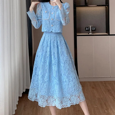 OCEANLOVE Комплекти от дантелени блузи и поли Едноцветна пролет Есен Корейска мода Комплект от 2 части Дамски тоалети Елегантни Conjunto Femenino