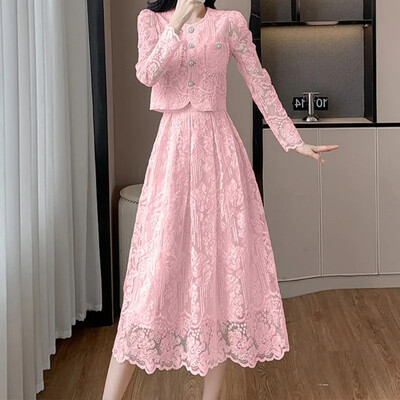 OCEANLOVE Комплекти от дантелени блузи и поли Едноцветна пролет Есен Корейска мода Комплект от 2 части Дамски тоалети Елегантни Conjunto Femenino