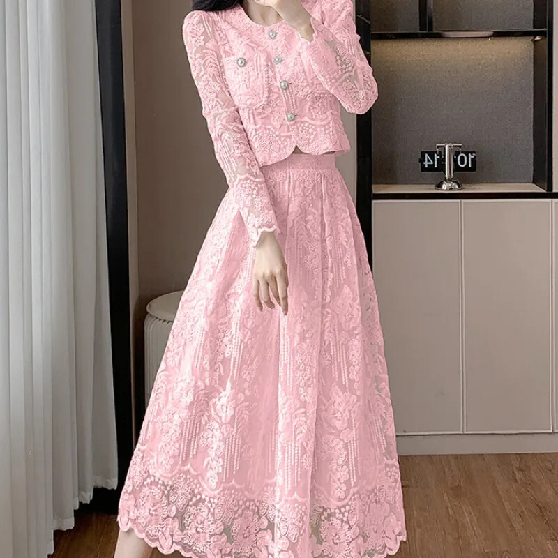 OCEANLOVE Комплекти от дантелени блузи и поли Едноцветна пролет Есен Корейска мода Комплект от 2 части Дамски тоалети Елегантни Conjunto Femenino