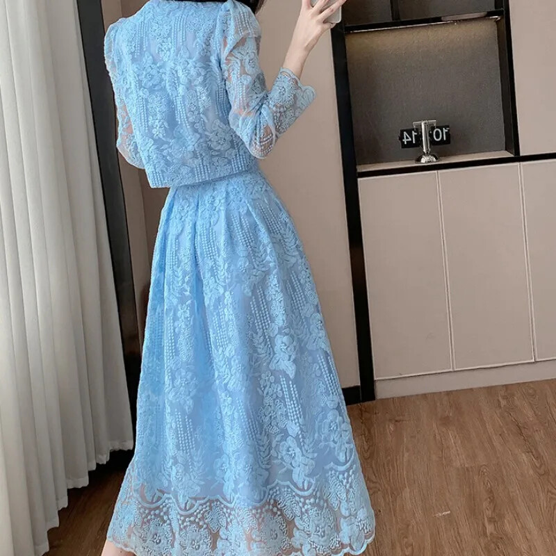 OCEANLOVE Комплекти от дантелени блузи и поли Едноцветна пролет Есен Корейска мода Комплект от 2 части Дамски тоалети Елегантни Conjunto Femenino