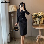 Femei Primavara Toamna Negru Blazer Subtire Rochie Tank Set Doua Piese Office Lady Graceful Costum Scurt Jachete Rochii fara Maneci Tinuta
