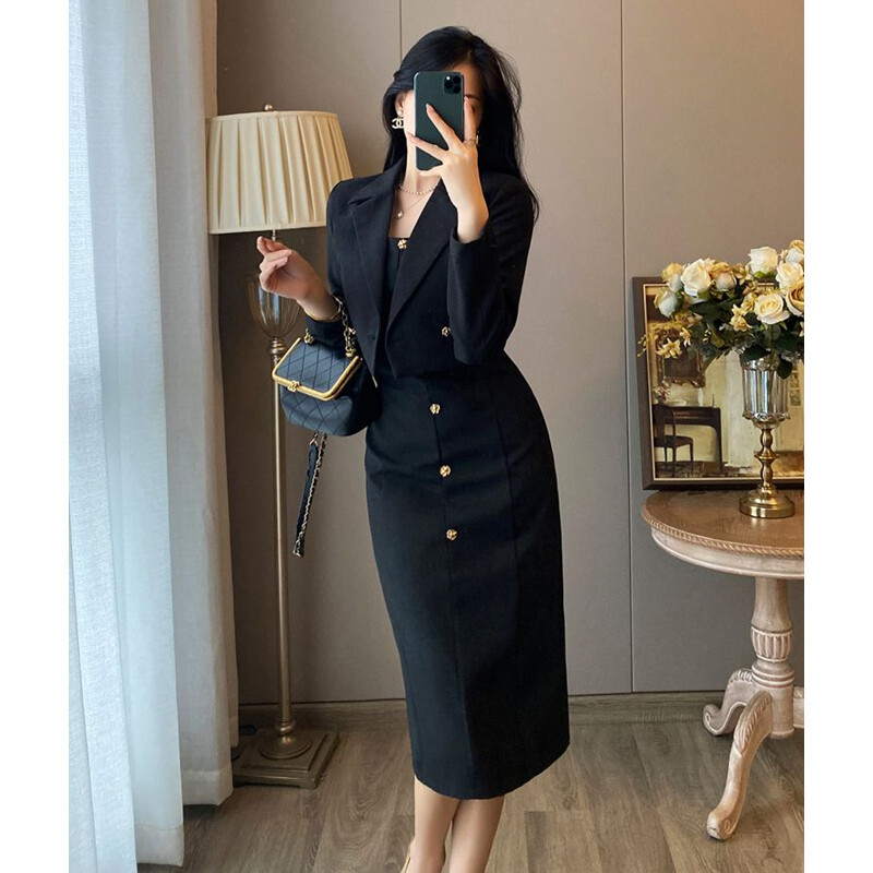 Femei Primavara Toamna Negru Blazer Subtire Rochie Tank Set Doua Piese Office Lady Graceful Costum Scurt Jachete Rochii fara Maneci Tinuta