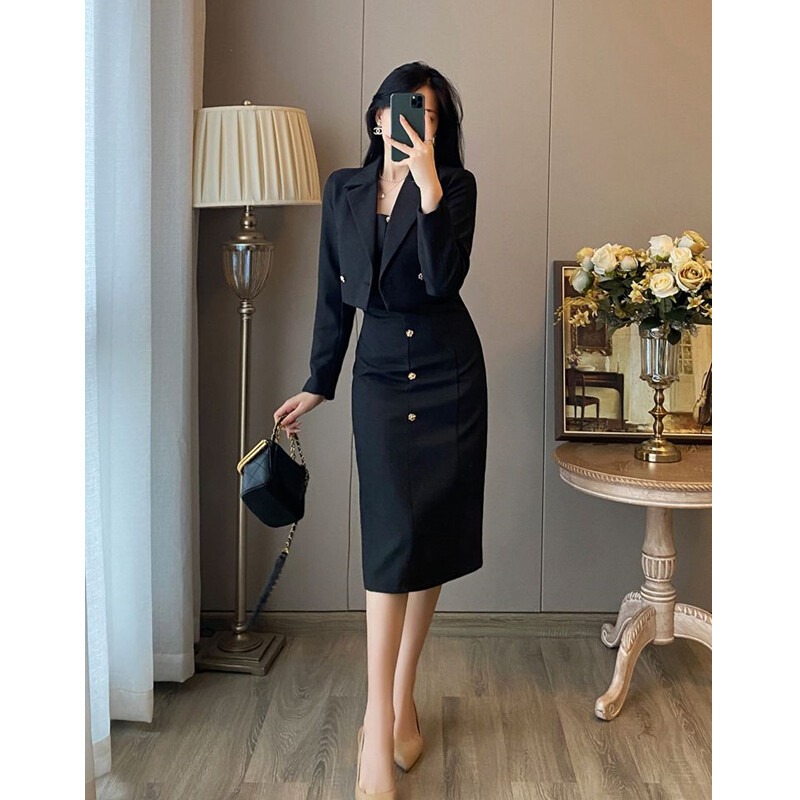 Femei Primavara Toamna Negru Blazer Subtire Rochie Tank Set Doua Piese Office Lady Graceful Costum Scurt Jachete Rochii fara Maneci Tinuta