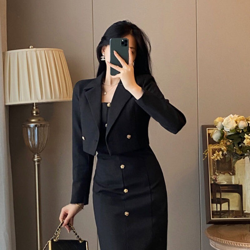 Femei Primavara Toamna Negru Blazer Subtire Rochie Tank Set Doua Piese Office Lady Graceful Costum Scurt Jachete Rochii fara Maneci Tinuta