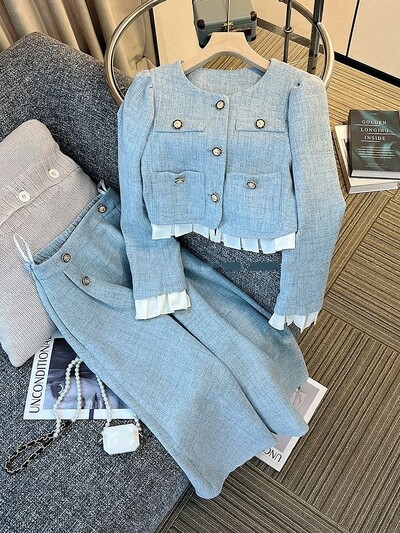Costum lung albastru de damă, fuste mini, ținute de primăvară coreeană, toamnă, jachetă scurtă din tweed, fustă cu jumătate de talie înaltă, set de două piese