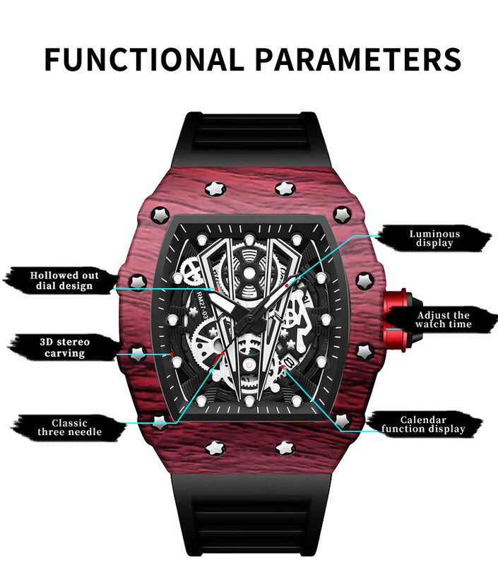 BINBOND Brand ανδρικό ρολόι Κυριαρχικό ρολόι βαρελιού με καμπύλο καθρέφτη κούφια επιφάνεια αθλητικό ανδρικό ρολόι Ρολόι χειρός από χαλαζία σιλικόνης