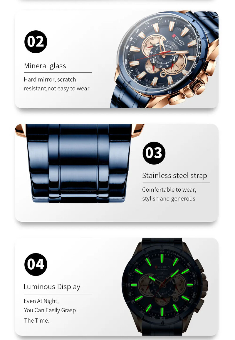 CURREN Моден мъжки ръчен часовник Водоустойчив хронограф Мъжки часовник Военен топ марка Луксозен спортен мъжки часовник от неръждаема стомана 8363