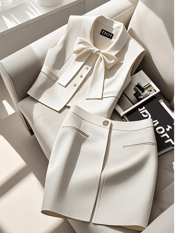 Ljeto 2024., ležerno jednobojno odijelo jedinstvenog temperamenta, minimalistički gornji dio kratke suknje, dvodijelni ženski set