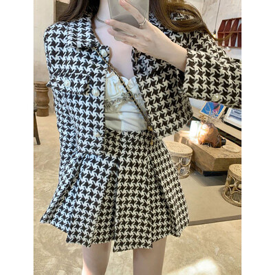Set 2 piese din tweed elegant stil parfum mic, jachetă decupată cu picior de gală vintage + costume cu fustă mini plisată ținute sexy