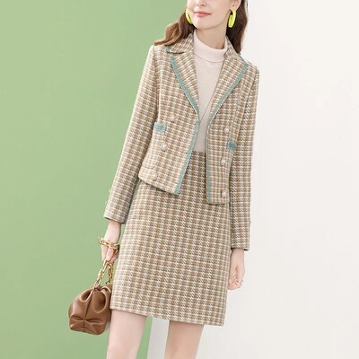 Y2k Korea plisseeritud naiste tviidseelik, 2-osaline, šikk üherealine Crop mantel, Conjuntos moodne A-voodriga lühike Falda komplekt