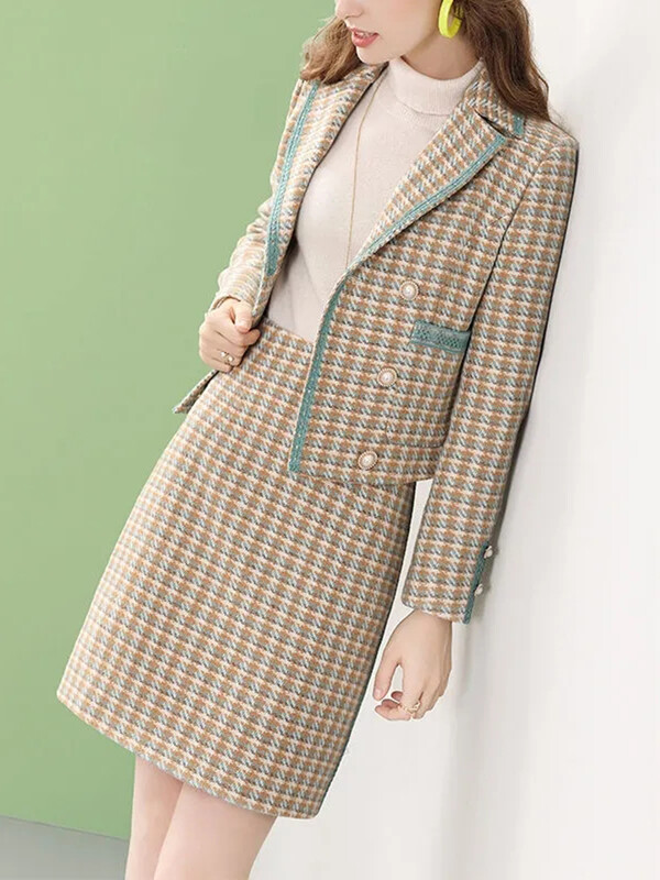 Y2k Korea plisseeritud naiste tviidseelik, 2-osaline, šikk üherealine Crop mantel, Conjuntos moodne A-voodriga lühike Falda komplekt