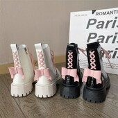 Čizme za žene s ružičastom mašnom kontrastne boje lakirane biciklističke čizme u britanskom stilu Gležnjače s platformom Cipele s neklizajućim debelim potplatom