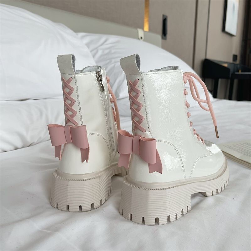 Čizme za žene s ružičastom mašnom kontrastne boje lakirane biciklističke čizme u britanskom stilu Gležnjače s platformom Cipele s neklizajućim debelim potplatom