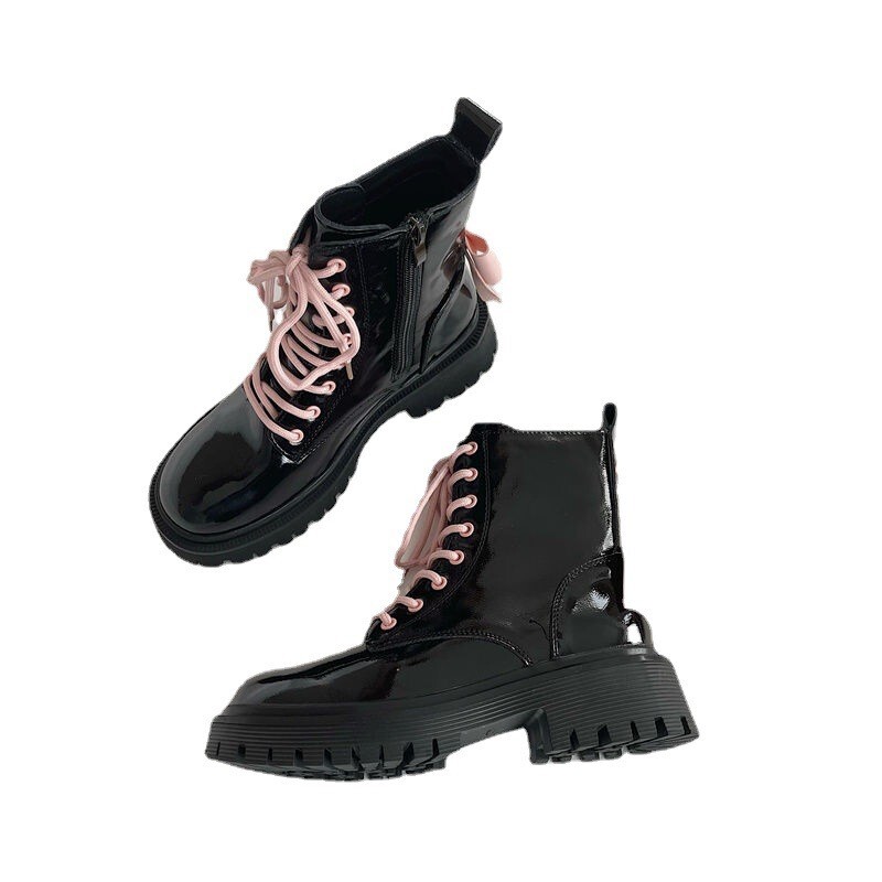 Čizme za žene s ružičastom mašnom kontrastne boje lakirane biciklističke čizme u britanskom stilu Gležnjače s platformom Cipele s neklizajućim debelim potplatom